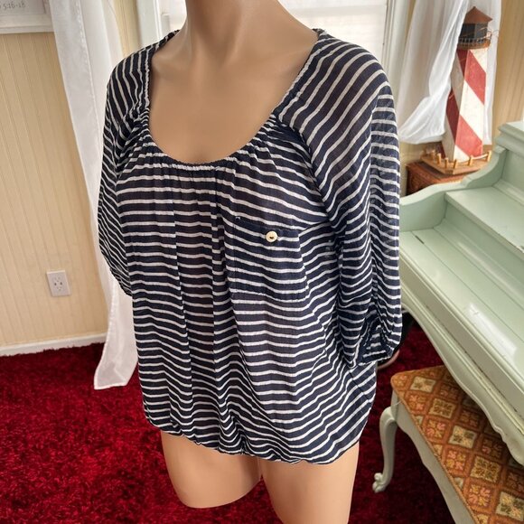 J. Crew Navy White Striped Gauze Boho Peasant top sz XS - Picture 3 of 5